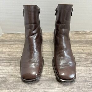 Bruno Valenti Romy Ankle Boot 8.5 Brown Leather Square Toe Block Heel Zippers